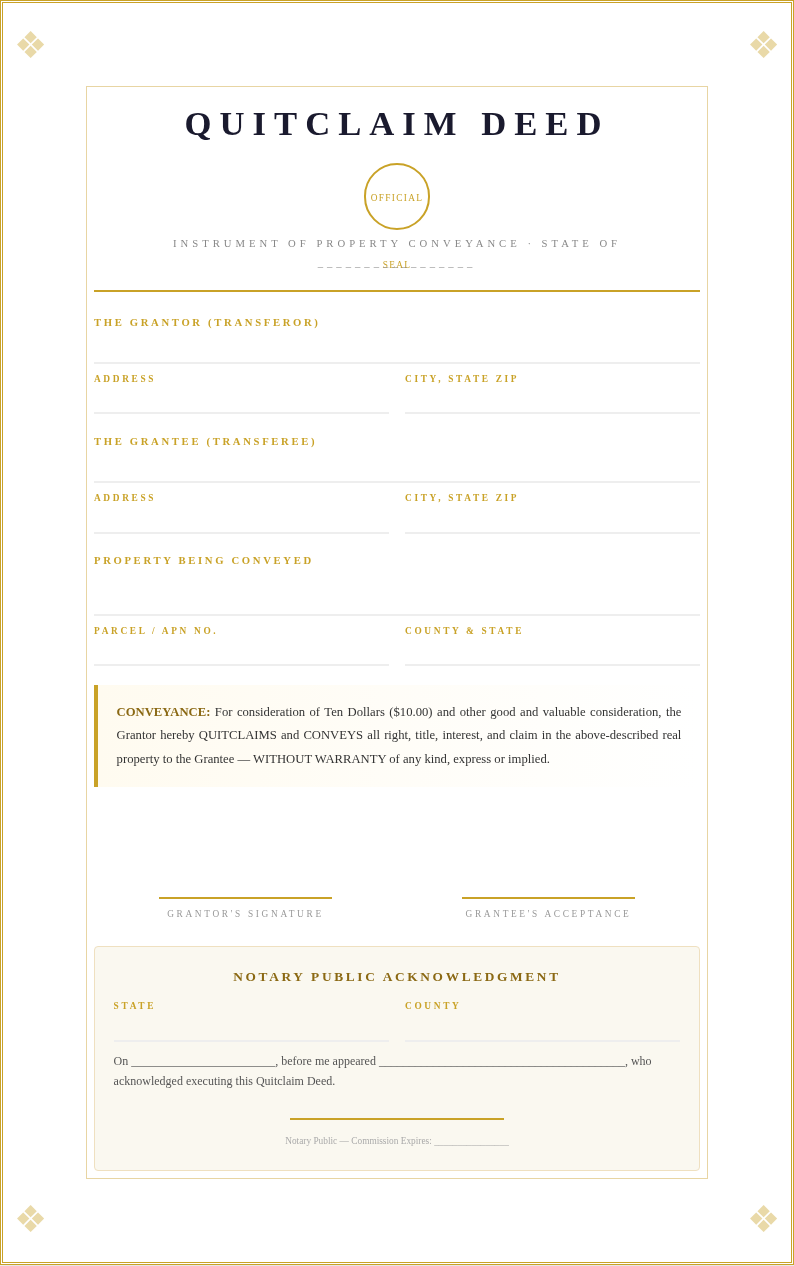 Formal certificate style quitclaim deed